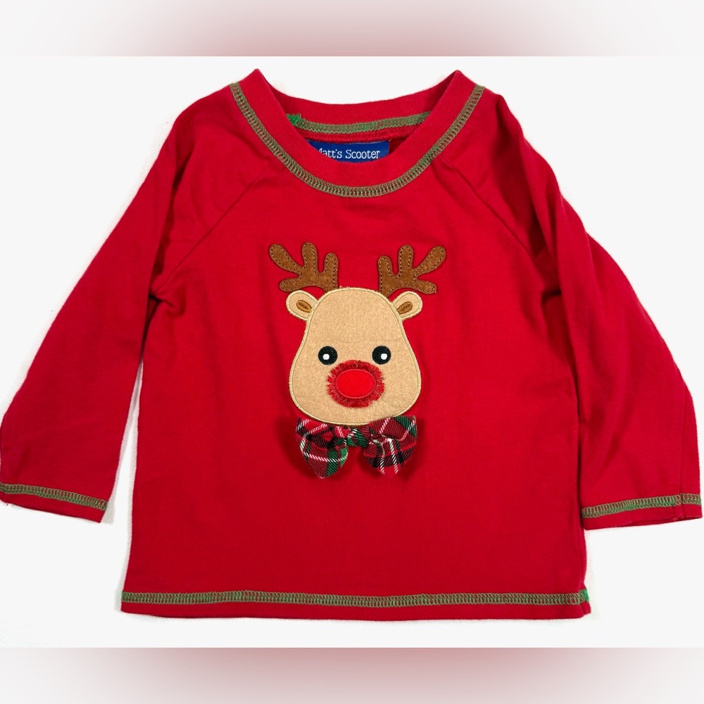 MATT'S SCOOTER Red Long Sleeve Reindeer Applique Bow Tie Holiday‎ T-Shirt 6-9M
